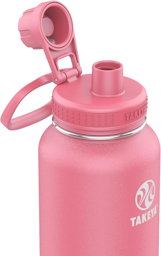 Takeya Actives Stainless Steel Water Bottle, Insulated Spout Lid, Keeps Drinks Cold 24 Hrs, Leakproof, Durable, Dishwasher Safe, Ideal for Gym, Travel, Fits Most Cup Holders, 40 oz/Pink Mimosa