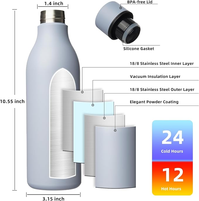 BJPKPK 25oz Insulated Water Bottle, Stainless Steel Bottle with Carry Strap | Keep Cold & Hot Vacuum Insulation, Leak-Proof BPA-Free Design, Slim Bottle Fits Most Cup Holders for Gym, Office & Travel