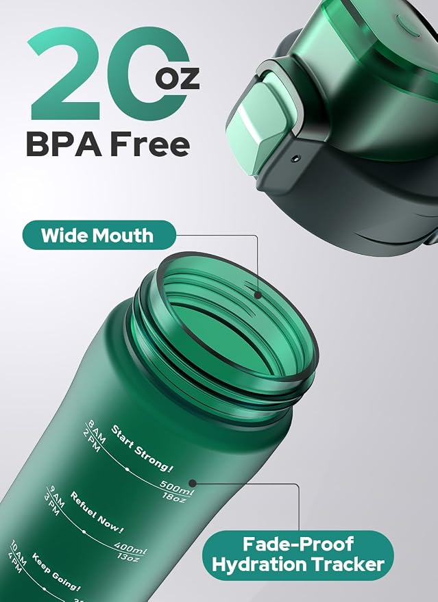 Opard Zip 20oz Plastic Water Bottle Dishwasher Safe, Leakproof Flip-Top Lid, BPA Free Tritan, Wide Mouth Reusable Kids Water Bottle for School Hiking Commuting Outdoor Travel and Gym