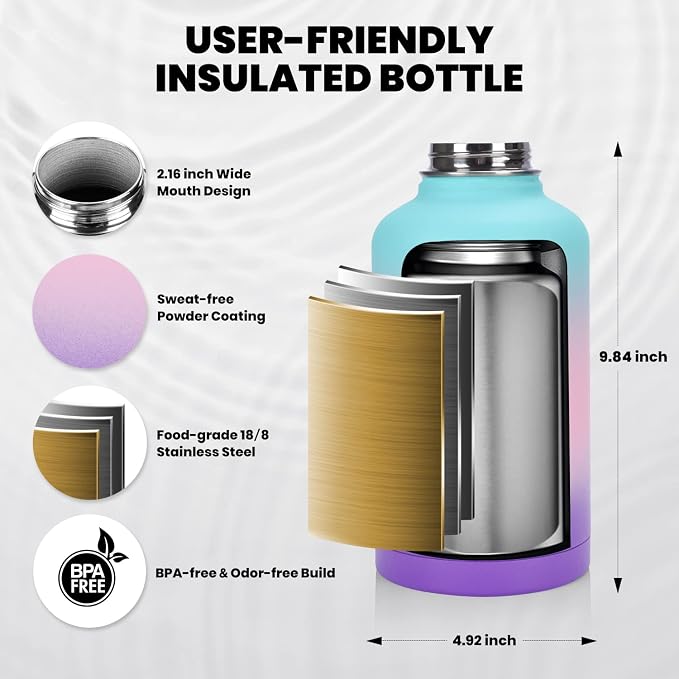 RAYMYLO Insulated Water Bottle 64 oz, Triple Wall Vacuum Stainless Steel | (Cold for 48 Hrs), Leak Proof & Non-BPA, Half Gallon Water Flask Jug with Paracord Handle & Straw Spout Lids, Hydrangea