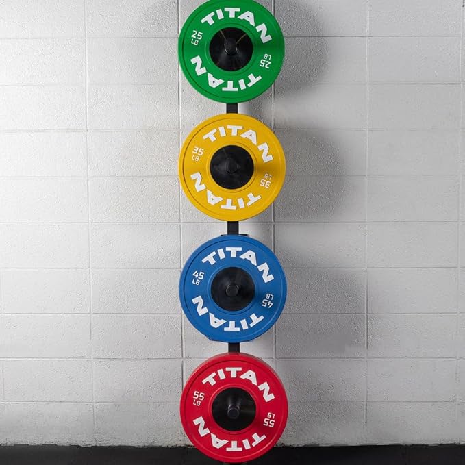Titan Fitness Weight Plate Wall Mounted Storage Rack, Angled 4-Peg Design, Olympic Sized Weight Plate Organizer, Rated 800 LB, Anchored Wall Mounted Storage