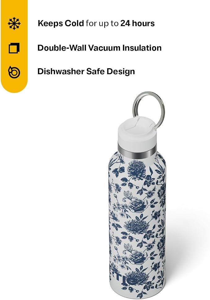 RTIC 20oz Journey Water Bottle Ceramic Lined Metal Stainless Steel Vacuum Insulated, BPA Free, Reusable, for Water, Hot and Cold Drinks, Travel, Sports, Camping, Blue Bouquet