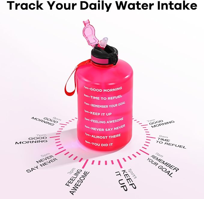 WEMEET Motivational Gallon Water Bottle, BPA Free, Large Sport Water Jug with Handle & Straw, for Fitness, Outdoor, Gym, Travel, Camping, Office (Pink)