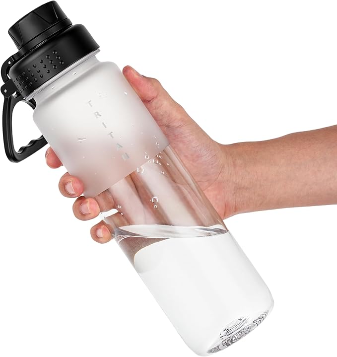 OLDLEY 32 oz Water Bottle with Handle, BPA-Free Tritan Reusable Sports Water Bottle with Leak-Proof Dust Lid, Wide Mouth, Cup Holder Friendly, Half Frosted Clear Bottle for Gym, Travel, Work,Clear