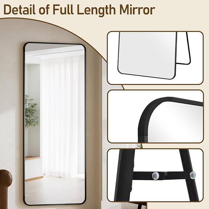 BEAUTYPEAK 71" x 32" Rounded Corner Full Length Mirror with Stand, Black | Aluminum Alloy Frame with Standing, Leaning, or Wall-Mounted, Ideal for Bedroom, Dressing Room, Entryway, and Living Room