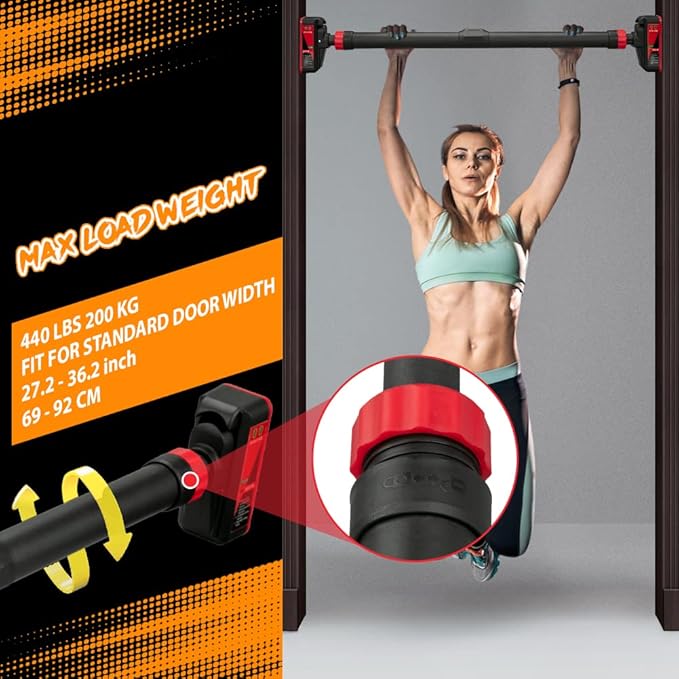 Pull-Up Bar,Chin Up Bar for Doorways with Level Meter and Auto Lock,Adjustable Pull Up Bar for Home Gym Strength Training and Upper Body Workout, No Screws Needed,Max Weight Capacity 400 Lbs