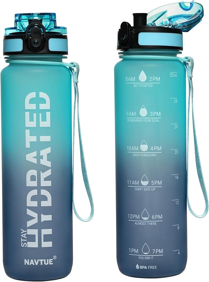 Water Bottle 32 oz Motivational Time Marker Tritan Bottle | BPA-free Tritan water bottle with time marker leakproof Lightweight portable Easy Clean Brush for Gym, Travel, School, Office