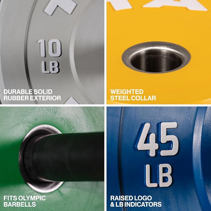 Titan Fitness Economy Olympic Bumper Plates, Color-Coded by IWF Standards, Low Bounce Rubber with Steel Insert, Weightlifting and Strength Training, Barbell Weight Set