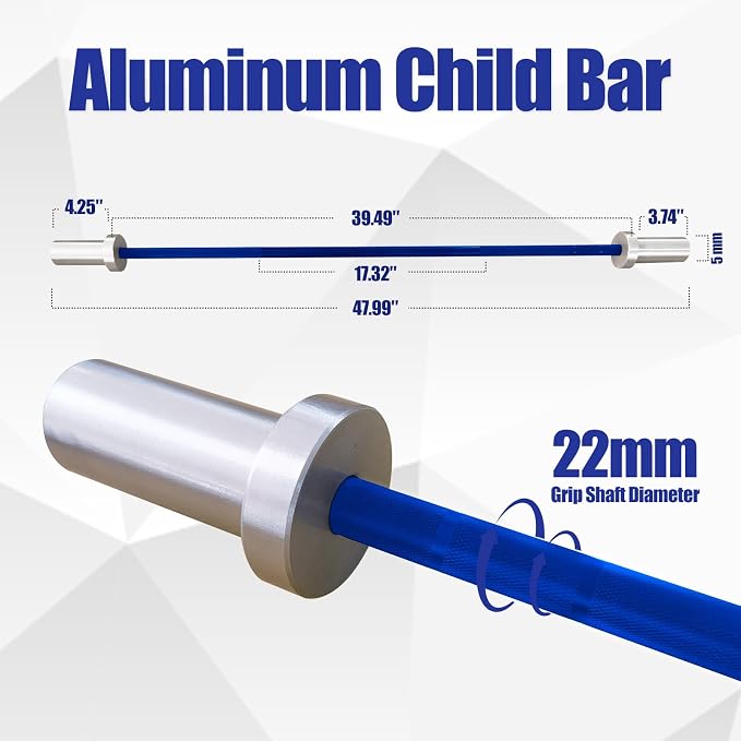 4FT 5LB Aluminum Kids Barbell, 70LB Capacity | Youth training bar with 22mm knurled grip, bearings, brass bushings, and 2-inch Olympic plate compatibility