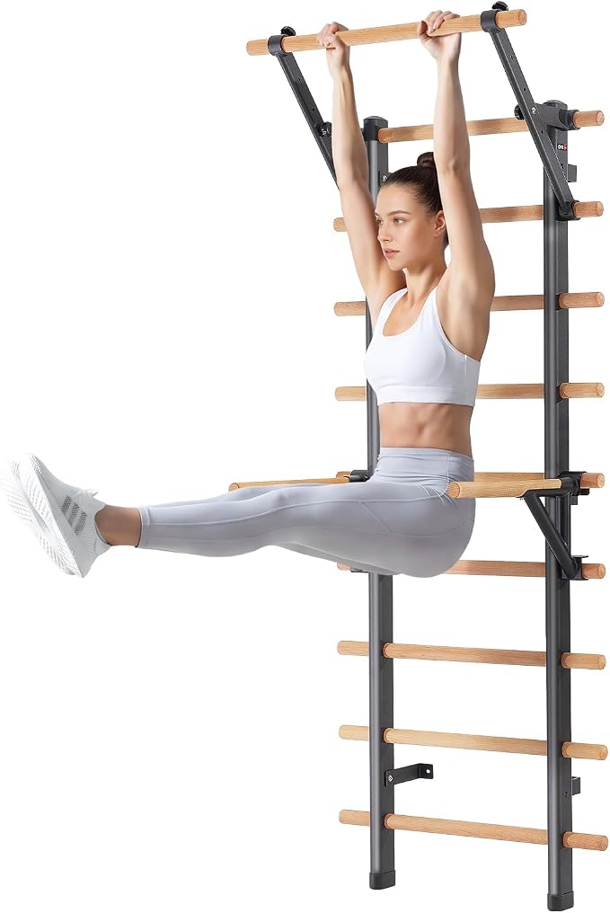 DHT Wood Stall Bar, Swedish Ladder Suspension Trainer with 9 Strategic Rods, for Home, Gym, School and Clinics, Black