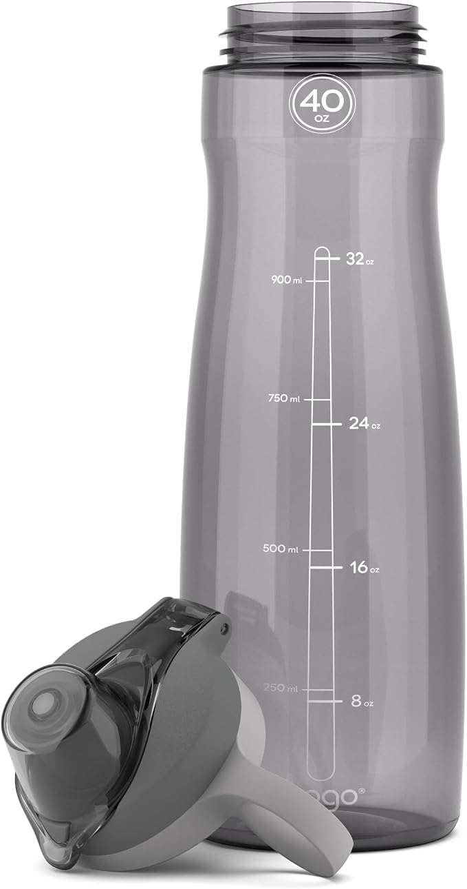 Pogo BPA-Free Tritan Plastic Water Bottle with Chug Lid, 40 Oz, Grey | Leakproof water bottle with chug lid and carry handle. BPA-free, great for travel, school, outdoors, and gym.