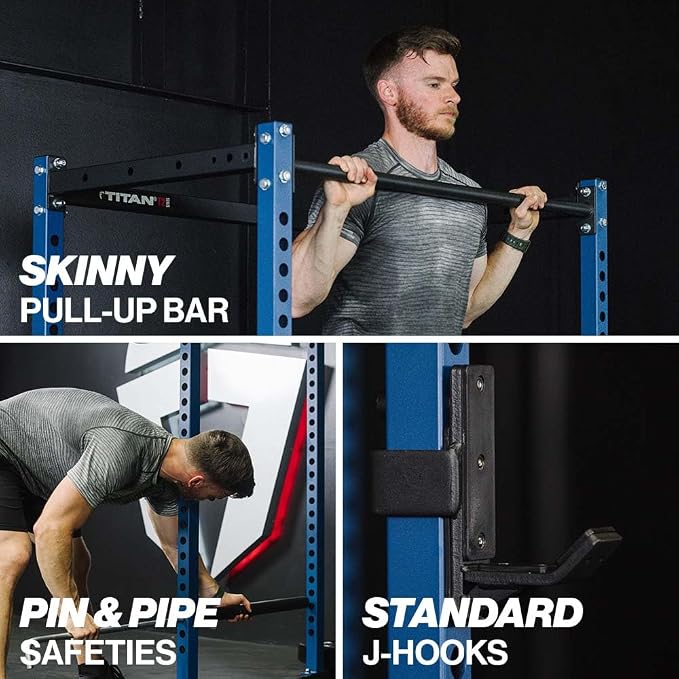 Titan Fitness T-2 Series Short Power Rack, Skinny Pull Up Bar, Pin and Pipe Safeties, Standard J-Hooks, for Home Garage Gym Weightlifting and Strength Training