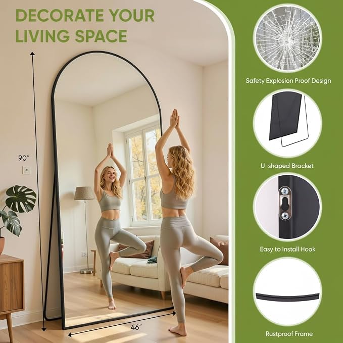 Full Length Mirror 90" L x 46" Full Body Standing Mirror for Bedroom, Living Room, Gym, Dorm - Shatter-Resistant & Easy Assembly, Arched Style Black
