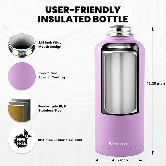 RAYMYLO Insulated Water Bottle 87 oz, Triple Wall Vacuum Stainless Steel | Cold for 48 Hrs), Leak Proof & Non-BPA, Modern Water Flask Jug with Paracord Handle & Straw Spout Lids, Light Purple