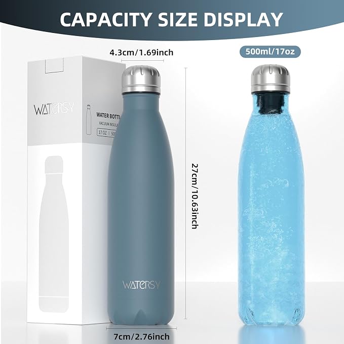WATERSY Stainless Steel water bottles,17oz/500ml Insulated Water Bottle | Smog Blue metal water bottle Keeps Drink Cold and Hot,BPA Free kids water bottles for School,Gym,Travel ,Sports