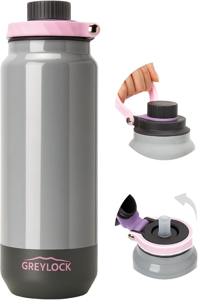 GREYLOCK 32 oz Insulated Water Bottle with Straw Lid, Leakproof Reusable Stainless Steel Vacuum Flask, 24hr Cold & Hot, Carry Handle & Silicone Spout, BPA-Free for Gym, Hiking, Travel, Grey