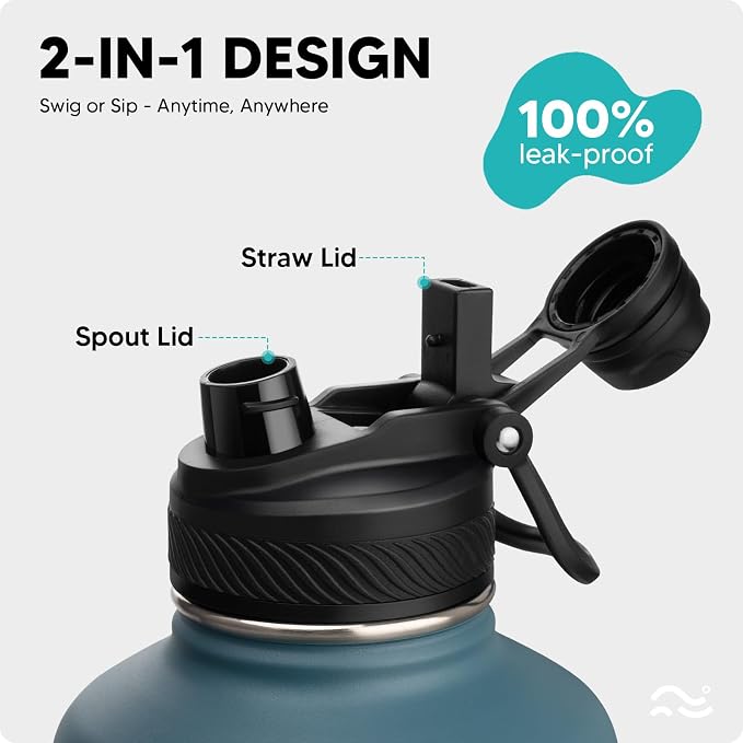 Swigina 64 oz Insulated Water Bottle with Silicone Boot (48hrs Cold/24hrs Hot) - DIY Stickers, Leakproof, BPA Free, Half Gallon [2-IN-1 LID]