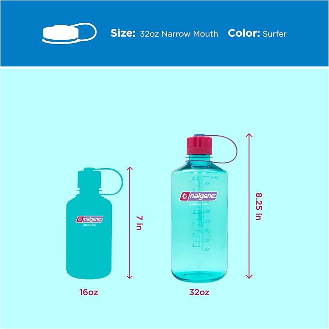 Nalgene 32 oz Narrow Mouth Water Bottle, Surfer | BPA-Free, Durable & Lightweight, Leak Proof, Dishwasher Safe, Large Reusable Plastic Bottle for Hiking, Gym, Work & Travel