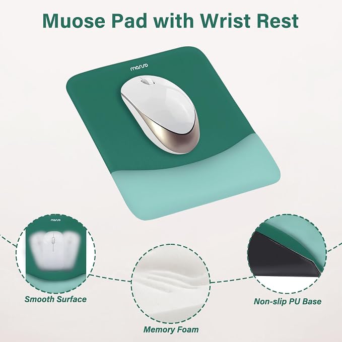 MOSISO Wrist Rest Support Mouse Pad & Keyboard Set, Peacock Green | Rectangular Ergonomic Mousepad, Non-Slip Base, Home/Office Pain Relief & Easy Typing, Neoprene Cloth & Raised Silicone Lining