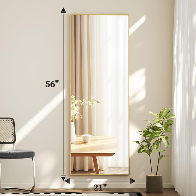 BEAUTYPEAK Full Length Mirror with Stand, 56"x21" Floor Mirror | ShatterVue Tempered Full Body Mirrors with Aluminum Alloy Thin Frame, Standing or Wall-Mounted Mirrors for Living Room, Gold