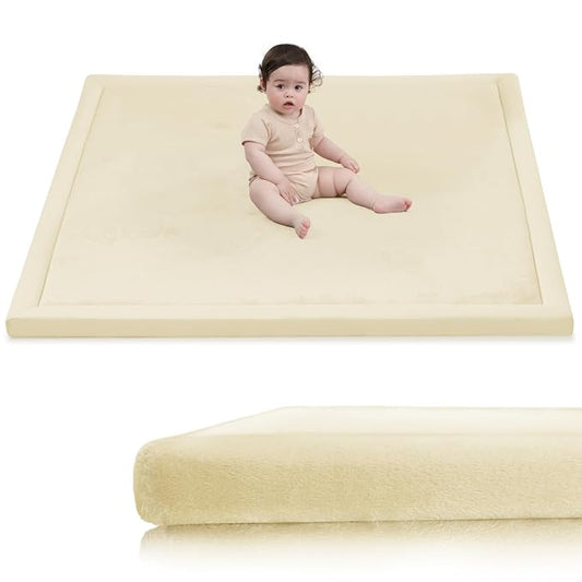Huloo Sleep Ultra Soft Baby Play Mat for Floor,1.3" Thick Elasti-Foam 47x47 Play Mat for Playpen,Water-Repellent Coral Velvet for Tummy Time, Non-Slip Backing Safe for Toddlers & Infants（Vanilla）