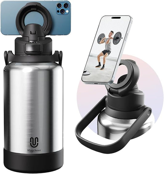 64oz Insulated Magnetic Water Bottle - Stainless Steel Vacuum Flask with MagSafe Compatible Phone Holder Keeps Drinks Cold for 24 Hours Water Jug for Gym and Outdoor Activities（Silver)