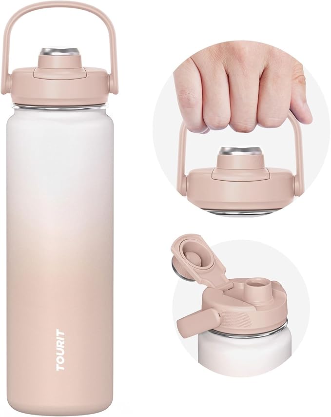 TOURIT 24 oz Insulated Stainless Steel Water Bottle, Khaki | Double-wall vacuum thermal flask with top handle, leakproof & BPA-free design for sports, gym, hiking & travel use