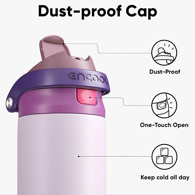 ENCOOL Leakproof Insulated Water Bottle with Straw Dual-Sip Water Bottle Bag-Safe Design for Work, Commute & Gym – Keeps Drinks Cold All Day, 24 oz, Purple Cabbage