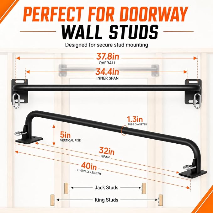 Wall Mounted Pull Up Bar - Heavy Duty Chin Up Bar, Pull-Up Bar for Garage, Joist, Wall Mount - Multifunctional Fitness Bar, Supports up to 600 Lbs