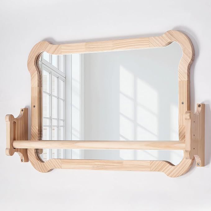 Montessori Baby Mirror with Pull Up Bar, Shatterproof Toddler Pull to Stand | CPC safe natural wood wall mount toy for nursery daycare classroom, ideal infant developmental gift 6-18 months.