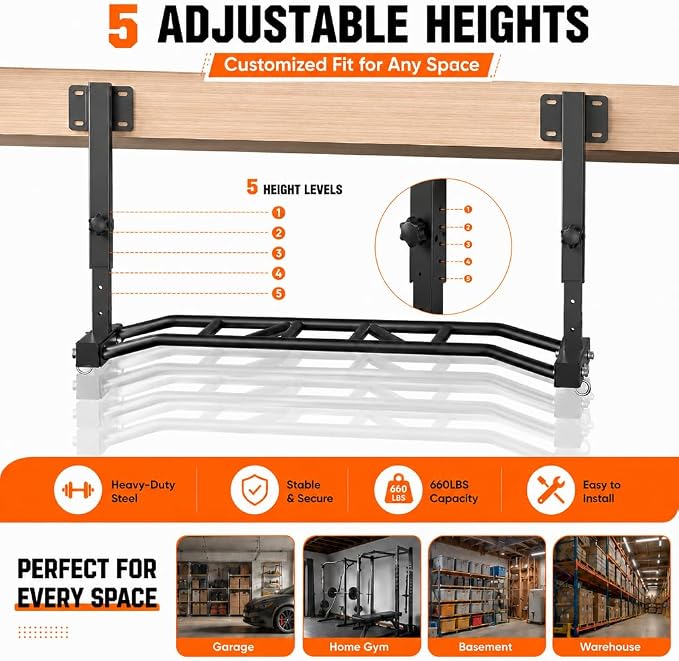 48" Joist Mounted Pull Up Bar, 600LBS Heavy Duty Multi Grip Ceiling Mount Chin Up Bar, Ceiling Beam for Home Gym/Garage/Basement with 5-Height Adjustable& Round Anchors, Easy to Install