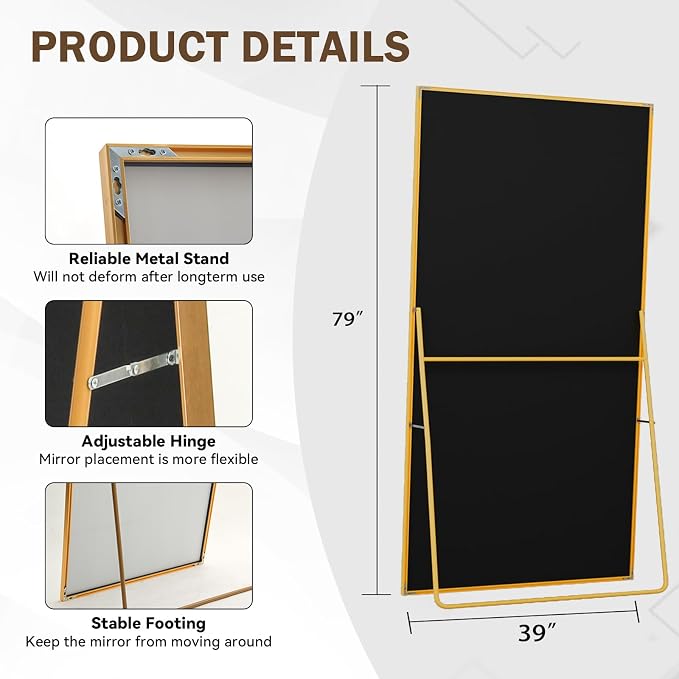 LFT HUIMEI2Y 79"x39" Full Length Mirror, Gold Floor Mirror | Tempered Oversized Mirror Full Body with Aluminum Alloy Frame; Standing, Leaning, or Wall Mount for Bedroom, Living Room