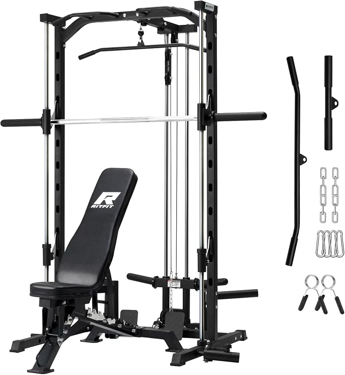 RitFit Smith Machine Power Rack with LAT-Pull Down System | Half Smith Machine with Landmine, Barbell Bar, Plate Storage Pegs and More Training Attachment