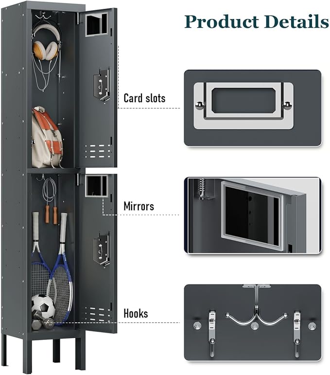 BUTISOW Metal Storage Locker with Lock & Card Slot Locker - Secure Lockable Door - Steel Locker for School, Office, Gym, Home - 66.15" H x 11.8" W x 11.8" D（2 Door, Grey）