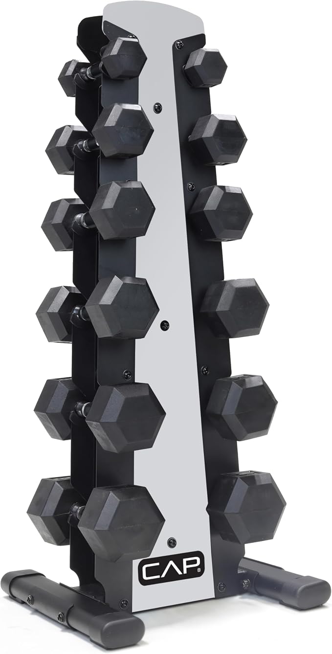 CAP Rubber Coated Hex Dumbbell Set with Storage Rack | 100–210 lb Options, Space-Saving Vertical Compact Storage for Home Gym Strength Training
