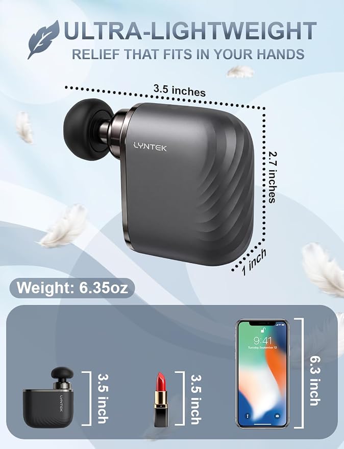 Mini Massage Gun Black- Small Handheld Muscle Massager with Percussion Deep Tissue, 5 Adjustable Vibration Frequency & 3 Interchangeable Heads - Portable Pocket Massage Gun for Gym, Travel