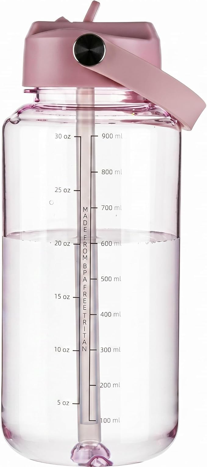 OLDLEY 32oz Water Bottle with Straw, Leakproof Tritan Clear Bottle with Marked Bottle and Carry Handle, BPA-Free Wide Mouth Reusable Sports Water Bottle for Gym,Hiking,Camping,Travel,Workout,Pink