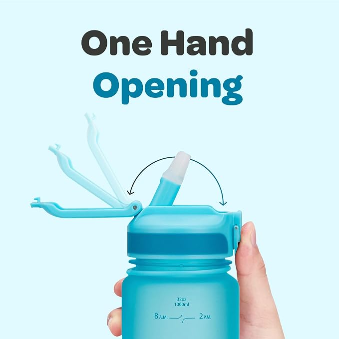 Hydracy Motivational Water Bottle with Time Marker and Straw Lid 32 oz | Leakproof,BPA Free,No Sweat Neoprene Sleeve,Carry Strap,Daily Intake Tracking for Fitness & Outdoors