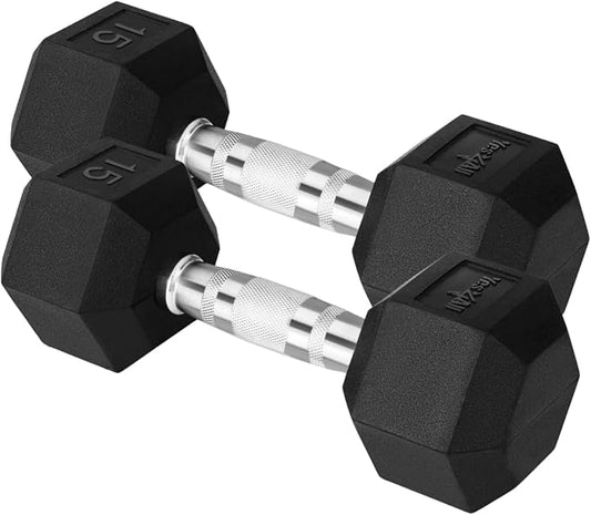 Yes4All Chrome/Rubber Grip Encased Hex Dumbbells – Hand Weights With Anti-Slip 10-30 LBS Pair