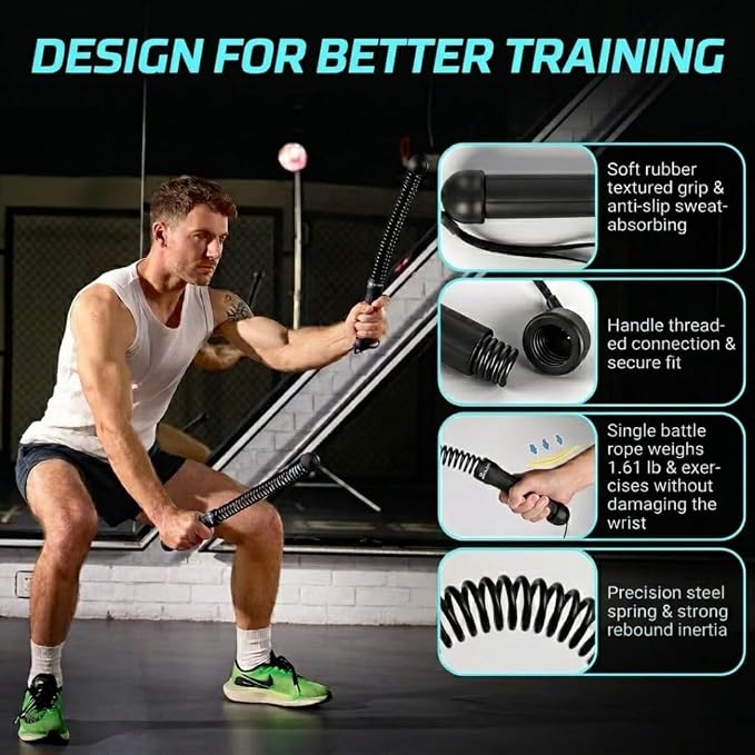 Ropeless Battle Ropes - Heavy Duty Cordless Weighted Exercise Ropes for Working Out - Home Gym Battle Rope with Training Poster