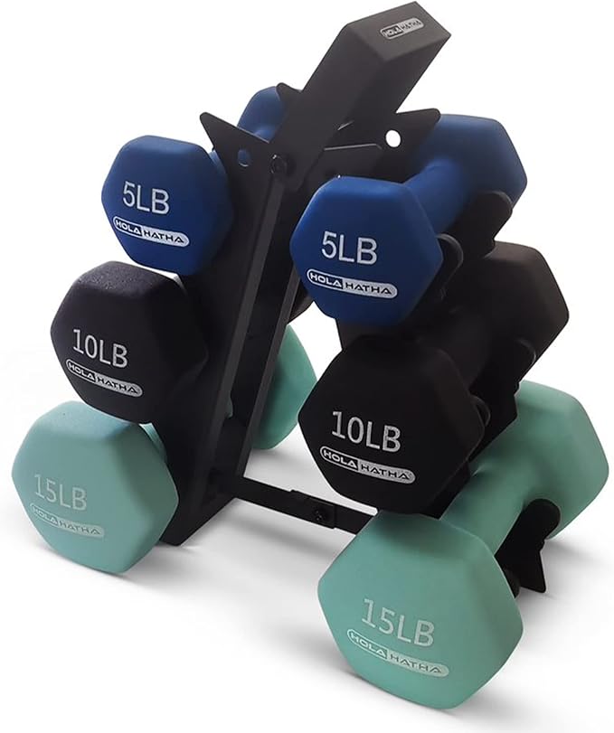 HolaHatha 1, 2 and 3 lb Neoprene Dumbbell Strength Training Weight Set with Rack