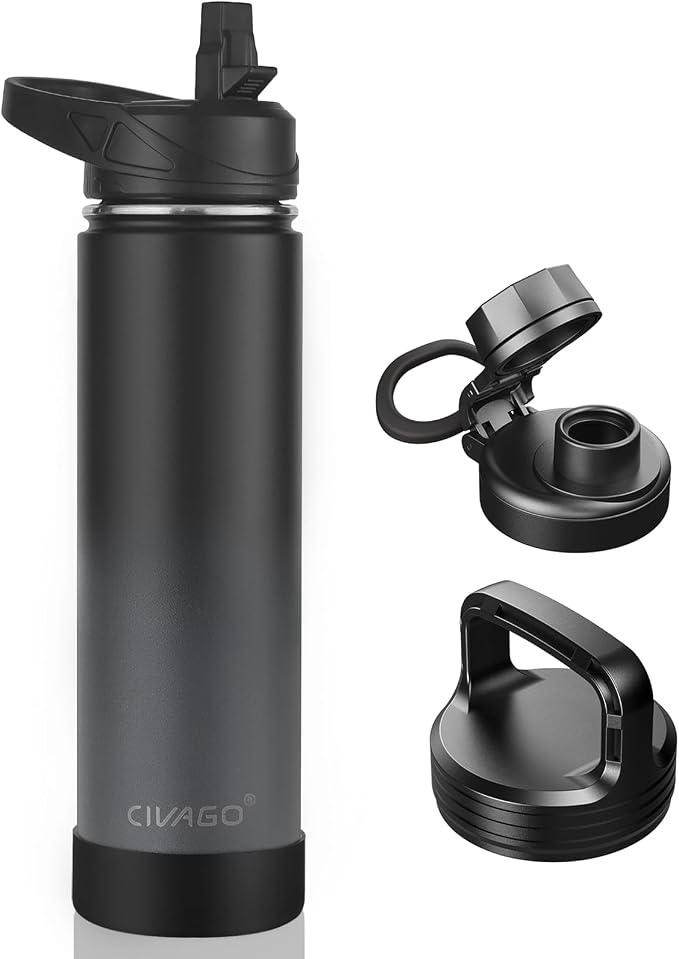 CIVAGO 24 oz Insulated Water Bottle With Straw, Stainless Steel Sports Water Cup Flask with 3 Lids (Straw, Spout and Handle Lid), Wide Mouth Travel Thermal Mug, Classic Gradient Gray