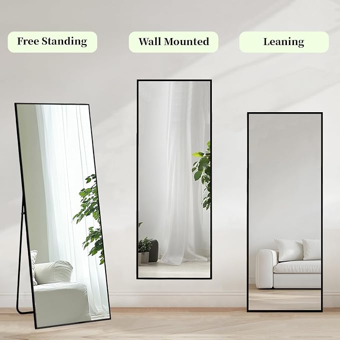 Full Length Mirror 56x16 inch, Black Full Body Mirror, Metal Frame | Matte Black Metal Frame, No Distortion Mirror, Rust-proof, Standing Mirrors for Bedroom, Livingroom, Cloakroom, Hallway