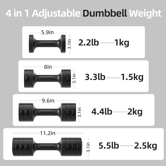 Lightweight Adjustable Dumbbell Kettlebell Set - 4 in 1 Free Weight Set with Kettlebell Grip Converter, Each 2.2 3.3 4.4 5.5lb Quick Change Weight Women Dumbbell Set for Small Spaces Home Gym