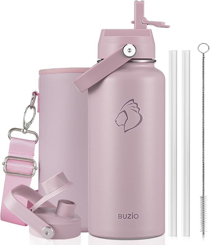 BUZIO Insulated Stainless Steel Water Bottle 32 oz with Straw & Spout Lids | Triple Wall Insulated Tumbler (Dishwasher Safe) ,Cold for 48 Hrs/Hot for 24 Hrs, Leakproof, BPA-Free, for Sports, Gym, School
