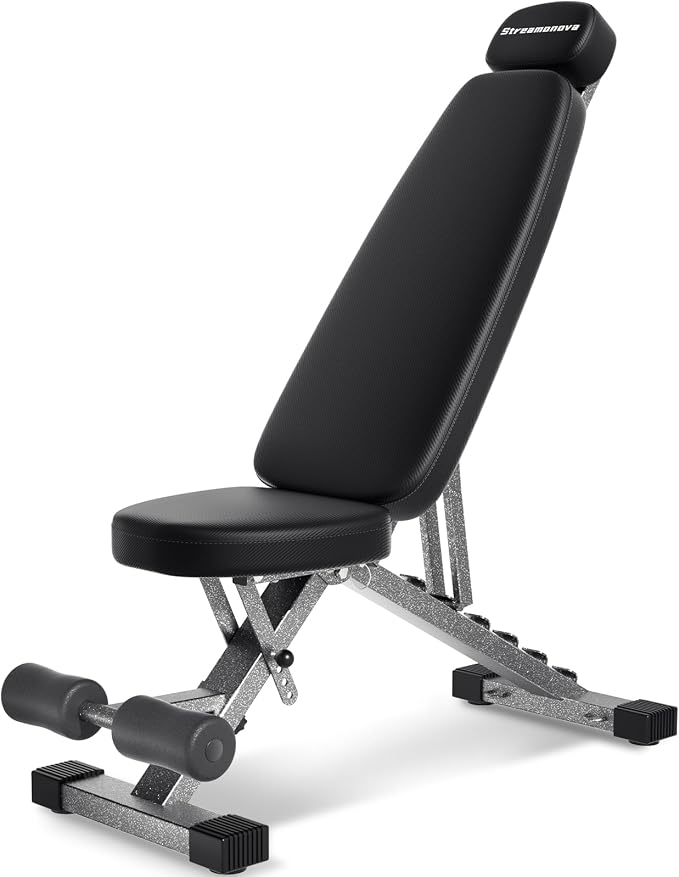 Fitness Bench, Adjustable, Comfortable, Fashionable, Foldable and Extended Headrest with 192 Positions Incline Decline 900LBS Home Gym Bench for Strength Training