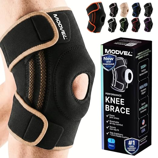 Modvel Knee Brace with Side Stabilizers & Patella Gel Pads for Pain Relief and Joint Support Breathable, Non-Slip Compression Sleeve for Men & Women, Arthritis, Meniscus, ACL Recovery