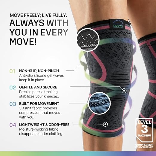 Modvel 2 Pack Knee Brace for Women - Knee Support for Walking, Knee Compression Sleeves for Pain Relief, Knee Sleeves for Women, Knee Brace for Sports, Workouts & Arthritis