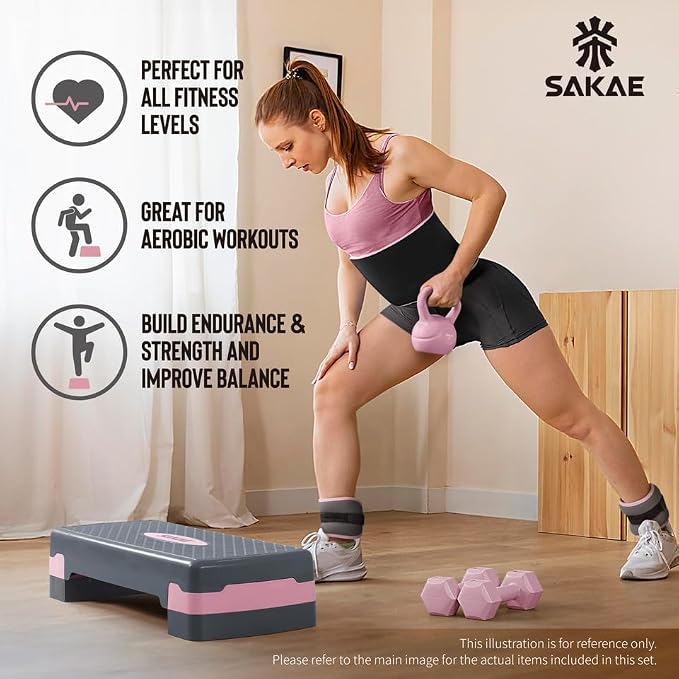 Adjustable Height Aerobic Stepper Set, Multiple Bundle Options with Dumbbells, Kettlebell, Waist Trimmer, Ankle Weights or Weighted Vest, Workout Exercise Step Platform w/Level Risers, 4 Colors