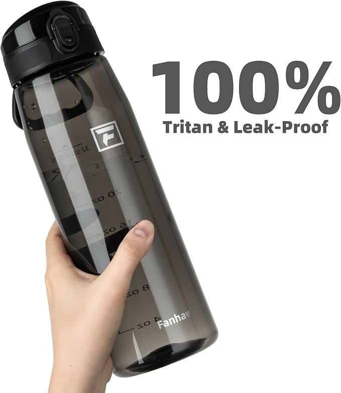 Fanhaw 32 oz Clear Plastic Water Bottle, BPA Free Leakproof Tritan Sports Water Bottle with Chug Lid, Wide Mouth Reusable Bottle for Gym, Travel, School & Office (Black)